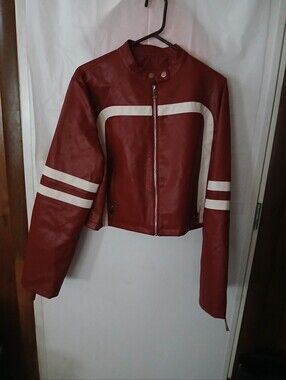 NWOT Unisex Burgundy & White Moto Cafe Racer Jacket Faux Leather XXL